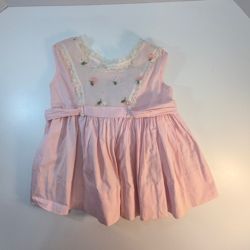 Vintage‎ Pink Baby Girl Dress Floral Lace Embroidered Sash Tie 12M Cottagecore